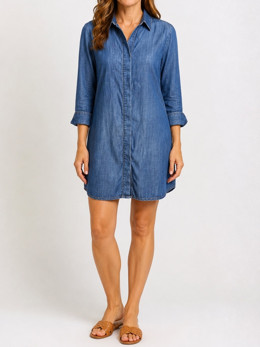 Foxcroft Denim Shirt Dress Blue Chambray Button Front 3/4 Sleeve Size 8